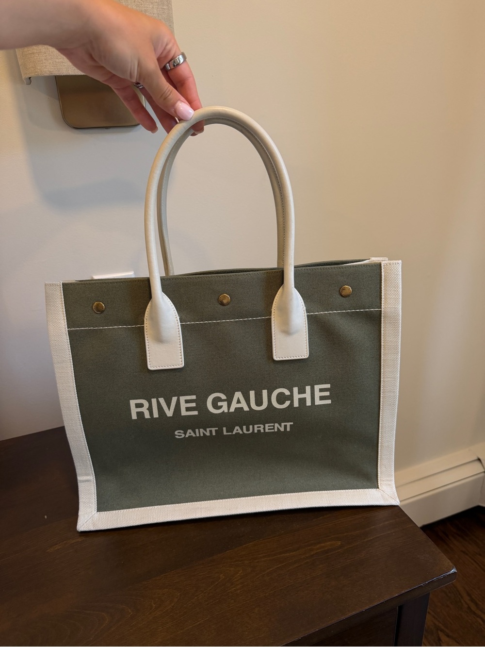 Saint Laurent Rive Gauche Olive and White Canvas Tote